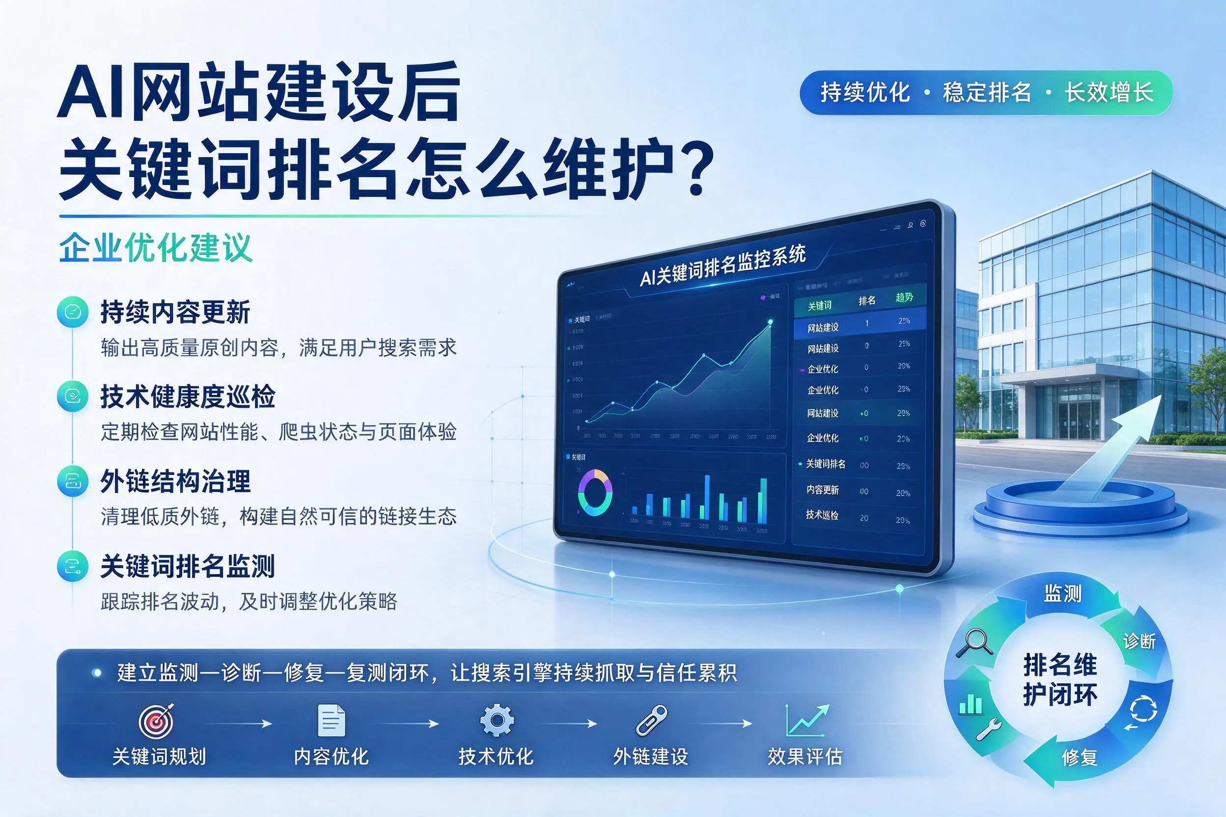 AI网站建设后关键词排名怎么维护?延边企业优化建议